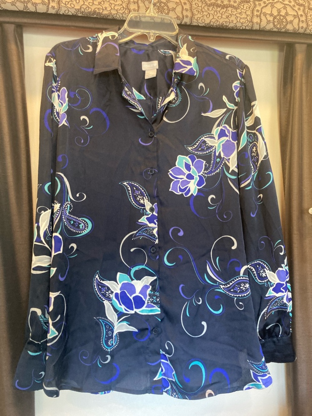 Chico's Navy Floral Button-Down Shirt with Blue & White Accents